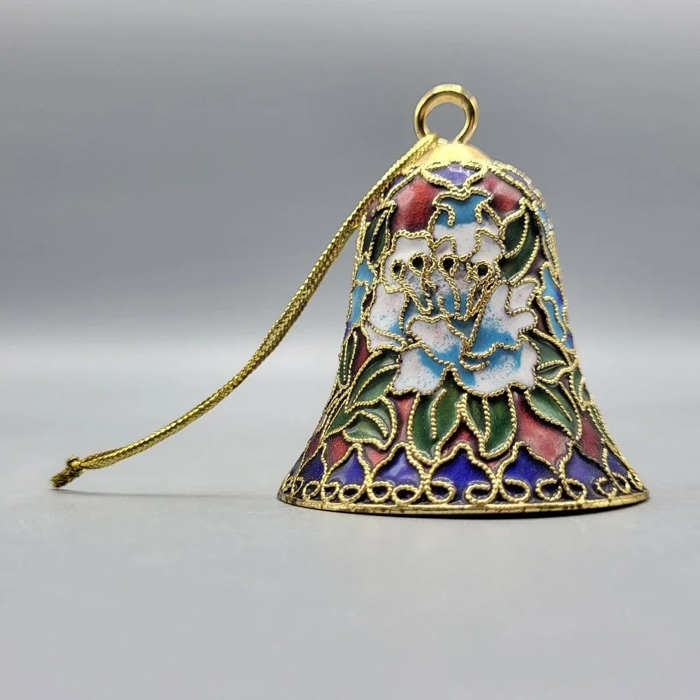Cloisonne Bell Ornament Floral Enamel Filigree Blue Red Gold Holiday Decor